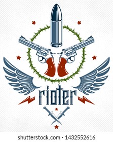 Bullets and guns vector emblem of Revolution and War, logo or tattoo with lots of different design elements, anarchy and chaos concept, criminal and gangster style, social tension theme.