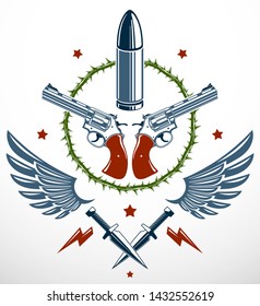 Bullets and guns vector emblem of Revolution and War, logo or tattoo with lots of different design elements, anarchy and chaos concept, criminal and gangster style, social tension theme.