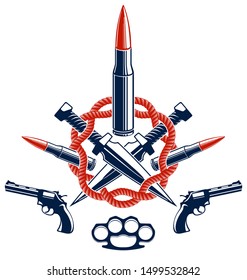 Bullets and guns vector emblem of Revolution and War, logo or tattoo with lots of different design elements, anarchy and chaos concept, criminal and gangster style, social tension theme.