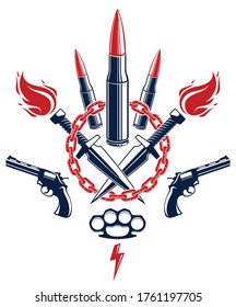 Bullets and guns vector emblem of Revolution and War, logo or tattoo with lots of different design elements, anarchy and chaos concept, criminal and gangster style, social tension theme.