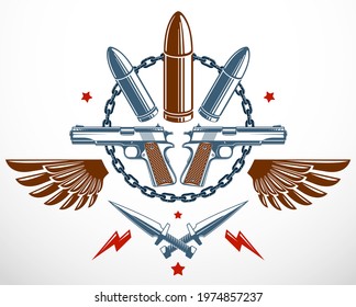 Bullets and guns vector emblem of Revolution and War, logo or tattoo with lots of different design elements, anarchy and chaos concept, criminal and gangster style, social tension theme.