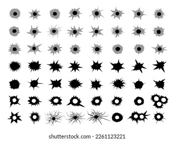 Bullets holes. Cracked dots from gunshot shooting area recent vector silhouettes collection