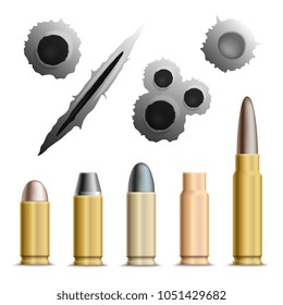 Bullets and holes realistic set of isolated grey bullet holes and metallic ammunition rounds with shadows vector illustration