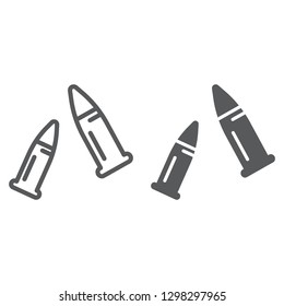 Bullets line and glyph icon, ammo and caliber, ammunition sign, vector graphics, a linear pattern on a white background.