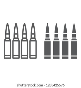 Bullets line and glyph icon, ammunition and army, caliber sign, vector graphics, a linear pattern on a white background, eps 10.
