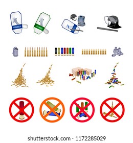 Bullets, Shotgun Shells, Tear Gas Grenade, Police Shield with No Signs or Forbidden Signs of Concept of Non-violence Isolated on White Background.
