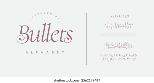 Bullets typography beauty fashion elegant minimalist serif italic fonts decorative wedding vintage retro logos. Minimal luxury font alphabet logo. Vector illustration