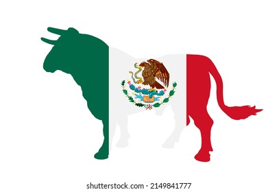 Bullfight bull with Mexico flag over vector silhouette illustration isolated on background. Mexican flag on animal bullfighting symbol. Strong animal in traditional corrida fight against matador.