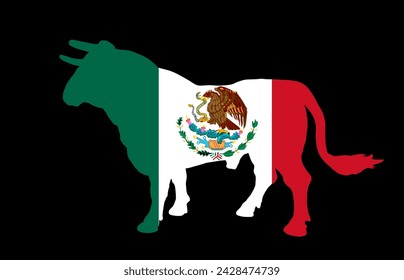 Bullfight bull with Mexico flag over vector silhouette illustration isolated on background. Mexican flag on animal bullfighting symbol. Strong animal in traditional corrida fight against matador.