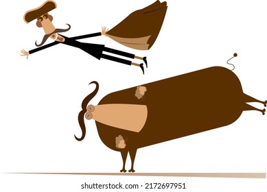 Bullfight. 
Bull Pursues A Scared Bullfighter Who Holding Matador Cape. Isolated On White Background
