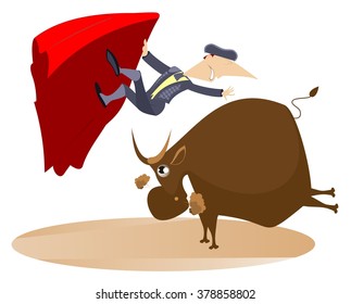 Bullfight. Bull raised the bullfighter by horns
