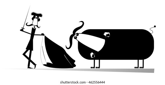 Bullfight. Cartoon bullfighter aims to the bull by sword
