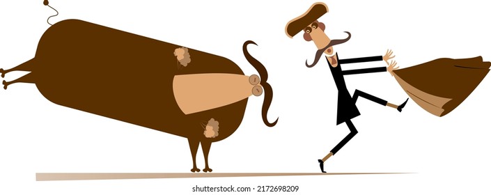 Bullfight. 
Cartoon bullfighter with matador cape falling down from the angry bull. Isolated on white background
