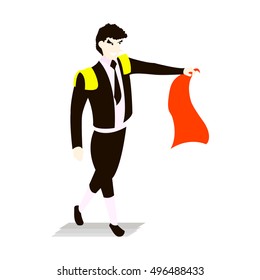 Bullfighter in a black suit and tie with a capein style flat isolated on white background