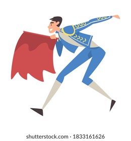 Bullfighter Fighting with Red Cape, Toreador Character Dressed in Traditional Costume, Spanish Corrida Performance Cartoon Style Vector Illustration