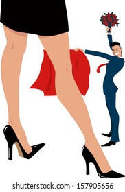 Bullfighter And His Date. Young Businessman Posing As A Bullfighter With A Cape And A Bouquet Of Roses, Women's Legs In Stiletto Heels On The Front, Vector Illustration