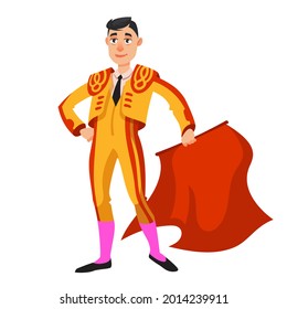 Bullfighter holding red cloth. Male person in cartoon style.