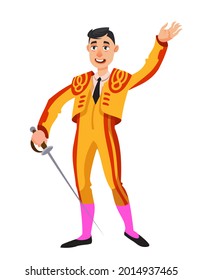 Bullfighter holding sword. Male person in cartoon style.