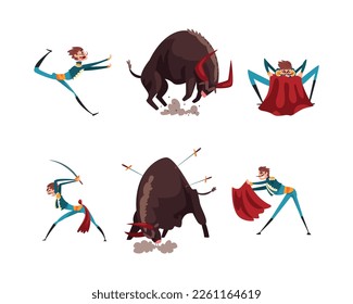 Bullfighter or Matador with Red Cloak and Furious Bull Vector Set