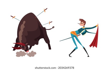 Bullfighter or Matador Waving Red Cloak and Bull Pierced with Swords Vector Set