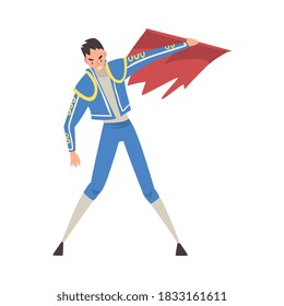 Bullfighter, Toreador Character Dressed in Costume Waving Red Cape, Spanish Corrida Traditional Performance Cartoon Style Vector Illustration