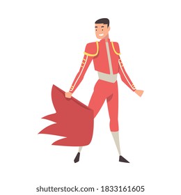 Bullfighter, Toreador Character Dressed in Traditional Red Costume Waving Cape, Spanish Corrida Performance Cartoon Style Vector Illustration