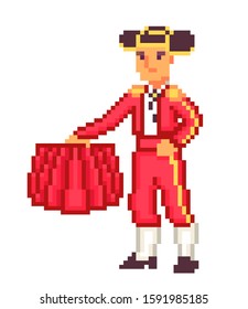 Bullfighter (toreador, Matador) In A Red Costume With A Muleta (cape), Pixel Art Character Isolated On White Background.8 Bit Corrida Symbol.Old School Vintage Retro Slot Machine/video Game Graphics. 