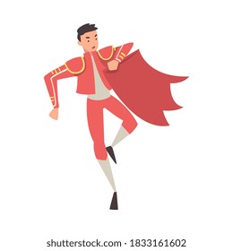 Bullfighter, Toreador, Picador Character Dressed in Red Costume, Spanish Corrida Traditional Performance Cartoon Style Vector Illustration