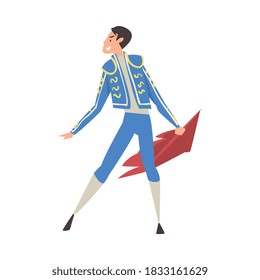 Bullfighter, Toreador, Picador Character Dressed in Blue Costume, Spanish Corrida Traditional Performance Cartoon Style Vector Illustration