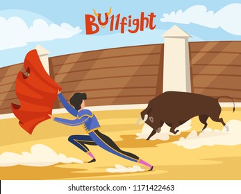 Bullfighting background. Spain traditional performance with matador and bull. Dance of the death. Bull and matador, spanish toreador, corrida bullfight, vector illustration