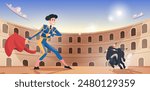 Bullfighting. Background traditional spanish performance bullfight at the arena furious bull and conquistador exact vector illustration