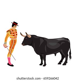 Bullfighting. Bull and matador. Vector illustration