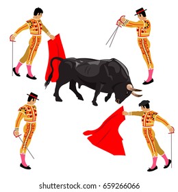 Bullfighting. Bull and matadors. Vector illustration