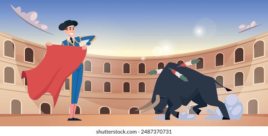 bullfighting. cartoon background with toreador and bull spain traditional show