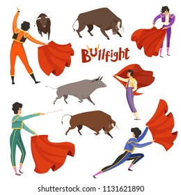 Bullfighting corrida. Vector illustration of matador and bull in various dynamic poses. Bullfight and bullfighting, toreador and bull, corrida performance