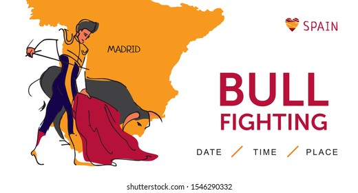 Bullfighting poster with Matador and bull drawn by hand on the background of the map of Spain. Spanish traditional entertainment. Banner for travel in Spain. Cute cartton Vector illustration