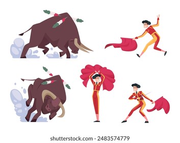 Bullfighting. Spanish authentic traditional performance corrida bullfight with torreodor on arena exact vector template