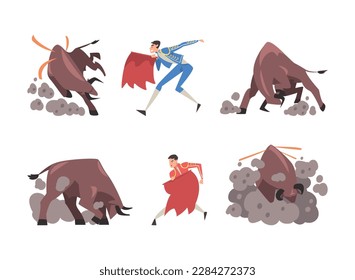 Bullfighting with Toreador Fighting with Furious Bull Vector Set