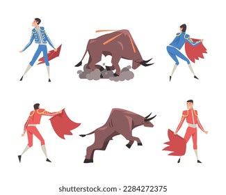 Bullfighting with Toreador Fighting with Furious Bull Vector Set