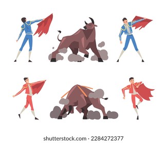 Bullfighting with Toreador Fighting with Furious Bull Vector Set