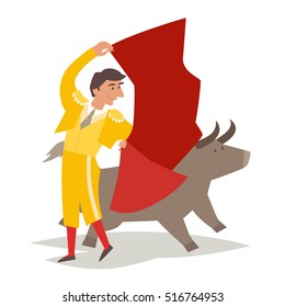 Bullfighting vector illustration. Toreador man in red cape. Traditional spainish corrida. Matador and bull. Isolated on white background, cartoon style