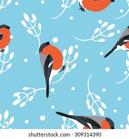 Bullfinch and berberry branch seamless pattern. Vector blue holiday winter background. Bird and forest berry print.