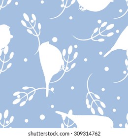 Bullfinch and berberry branch seamless pattern. Vector light blue holiday winter background. Bird and forest berry silhouettes print.