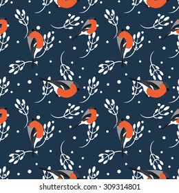 Bullfinch and berberry branch seamless pattern. Vector dark blue holiday winter background. Bird and forest berry print.