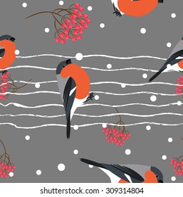 Bullfinch and berberry branch seamless pattern. Vector dark gray holiday snow winter background. Bird and forest berry print.