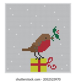 Bullfinch bird and gift. Mosaic pattern. Сard Merry Christmas. Bird ornament. 