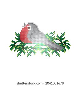 Bullfinch bird sitting on fir tree branches, embroidery pattern, cross stitch ornament. Vector illustration on white background.