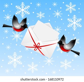 bullfinch birds carry an envelope with congratulation,vector illustration