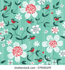 Bullfinch birds. Petals, sprouting flowers, stamen. Cool, cold colors. Floristics theme. Tiling seamless image, great for packaging, gift wrapping or decoration. Vector patterns.