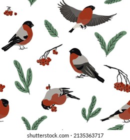 Pájaros de bullfinch sin fisuras con hojas de ceniza de montaña y bayas. Feliz Navidad de fondo. La textura de invierno natural. Ilustración del vector